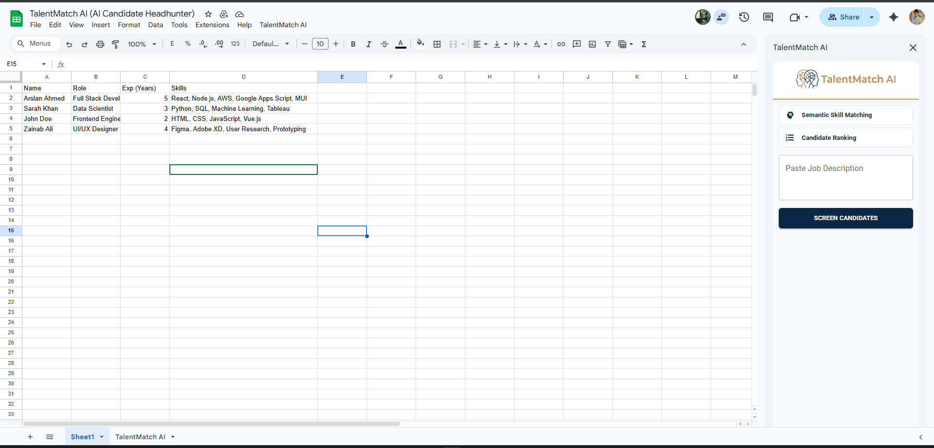 Talent Macher — Google Sheets Add-on